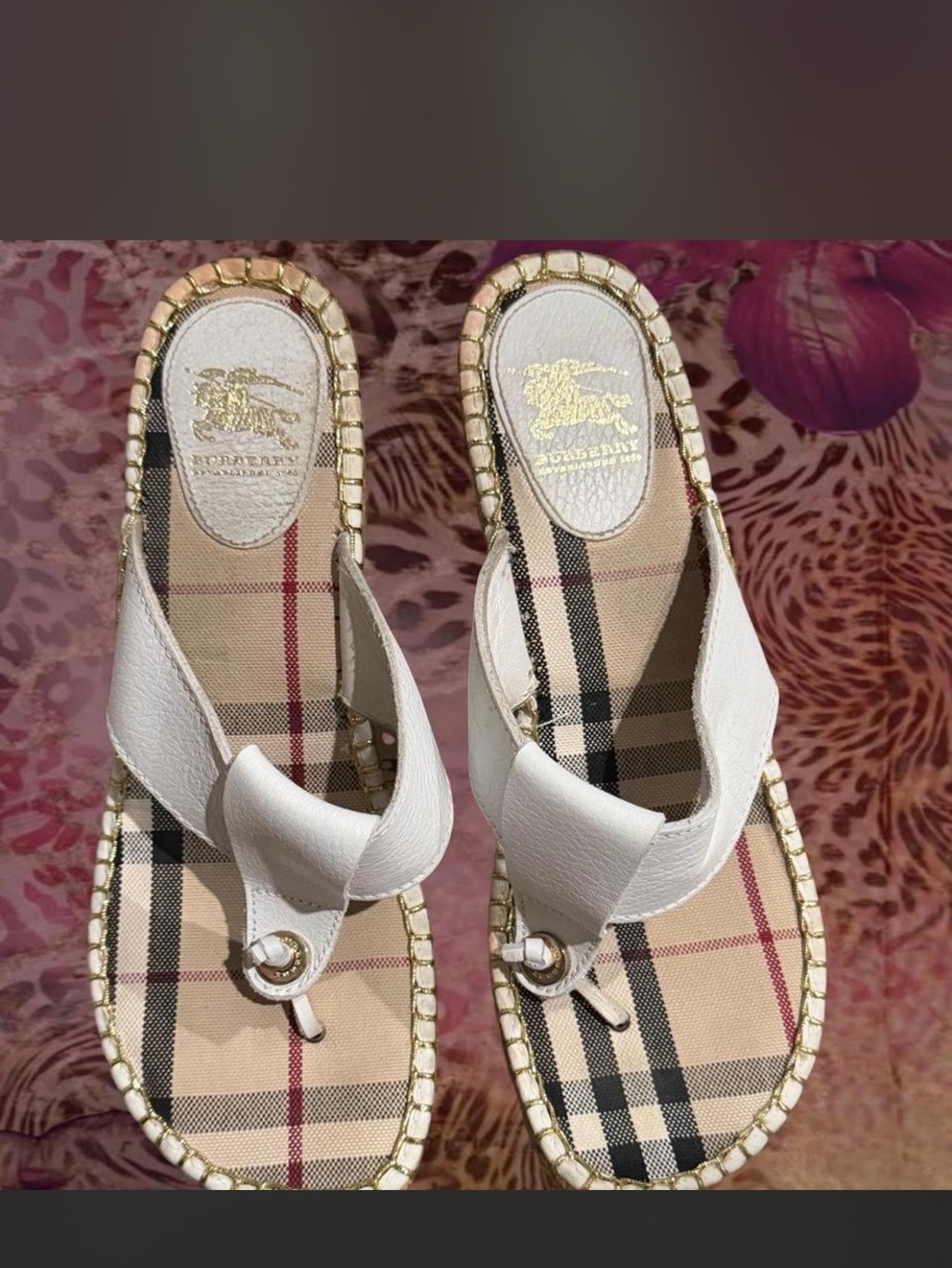 Burberry White Leather Plaid Thong Sandals with Gold Trim